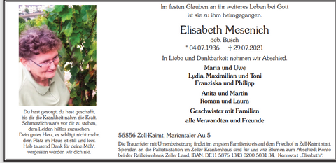 Traueranzeige Elisabeth Mesenich