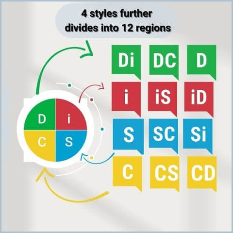 DiSC 4 styles further divides into 12 regions depending on where the persons dot lies