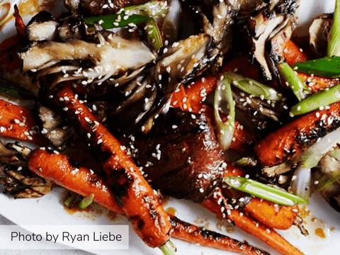 smoky grilled mushrooms and carrots with sesame seeds