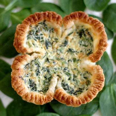 spinach quiche shaped like a lucky 4 leaf clover