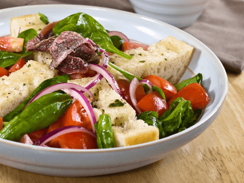 panzanella salad with Italian bread, juicy tomatoes and basil