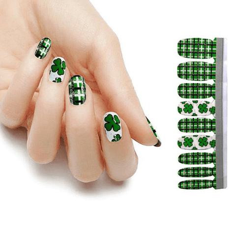 dark green clovers and Irish plaid designs on nail polish strips