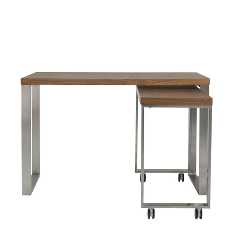 walnut and steel desk with wheels