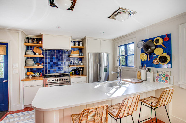 bright fresh kitchen design Portland oregon, blue cle backsplash, terra-cotta tile, designer kitchen Portland 