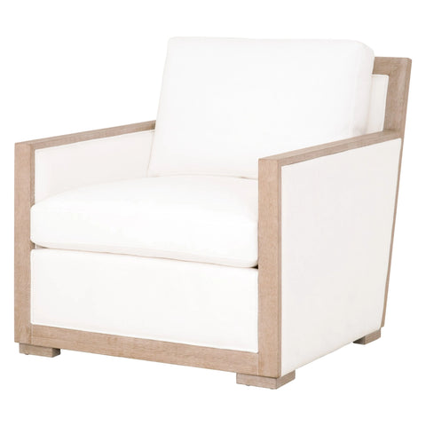 white upholstered chair with wood trim, coastal style