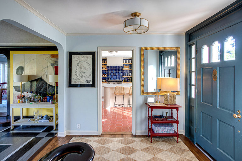 blue entry way, diamond jute rug, colorful living room, design home Portland oregon