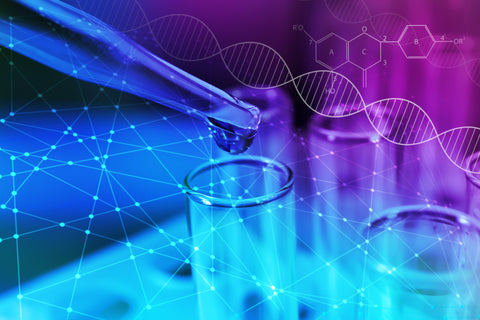 An image of a pipette dripping sample into a test tube with a DNA double helix and chemistry symbols in the background.
