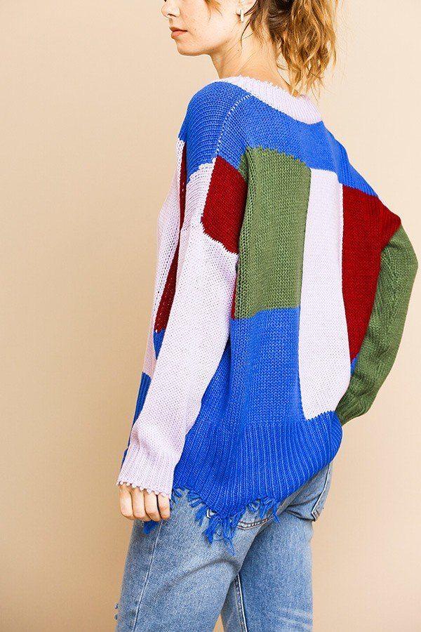 Color Blocked Long Sleeve V-neck Knit Pullover Sweater demochatbot 