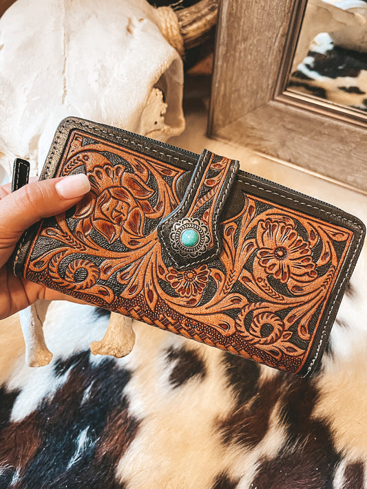 Tooled & Painted Leather Wallet with Turquoise – The Feathered Filly