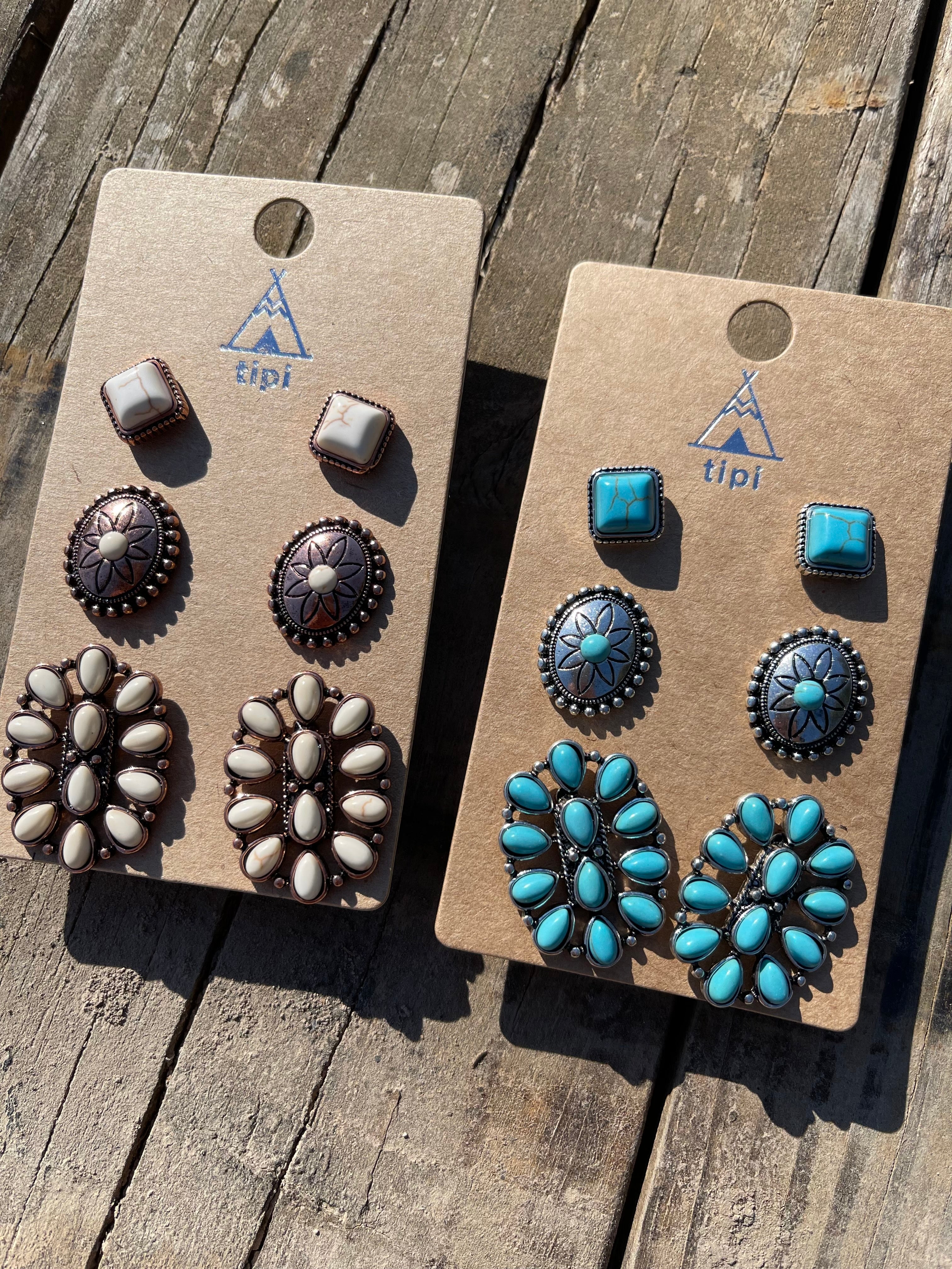 TURQUOISE Metal Western Earrings Set