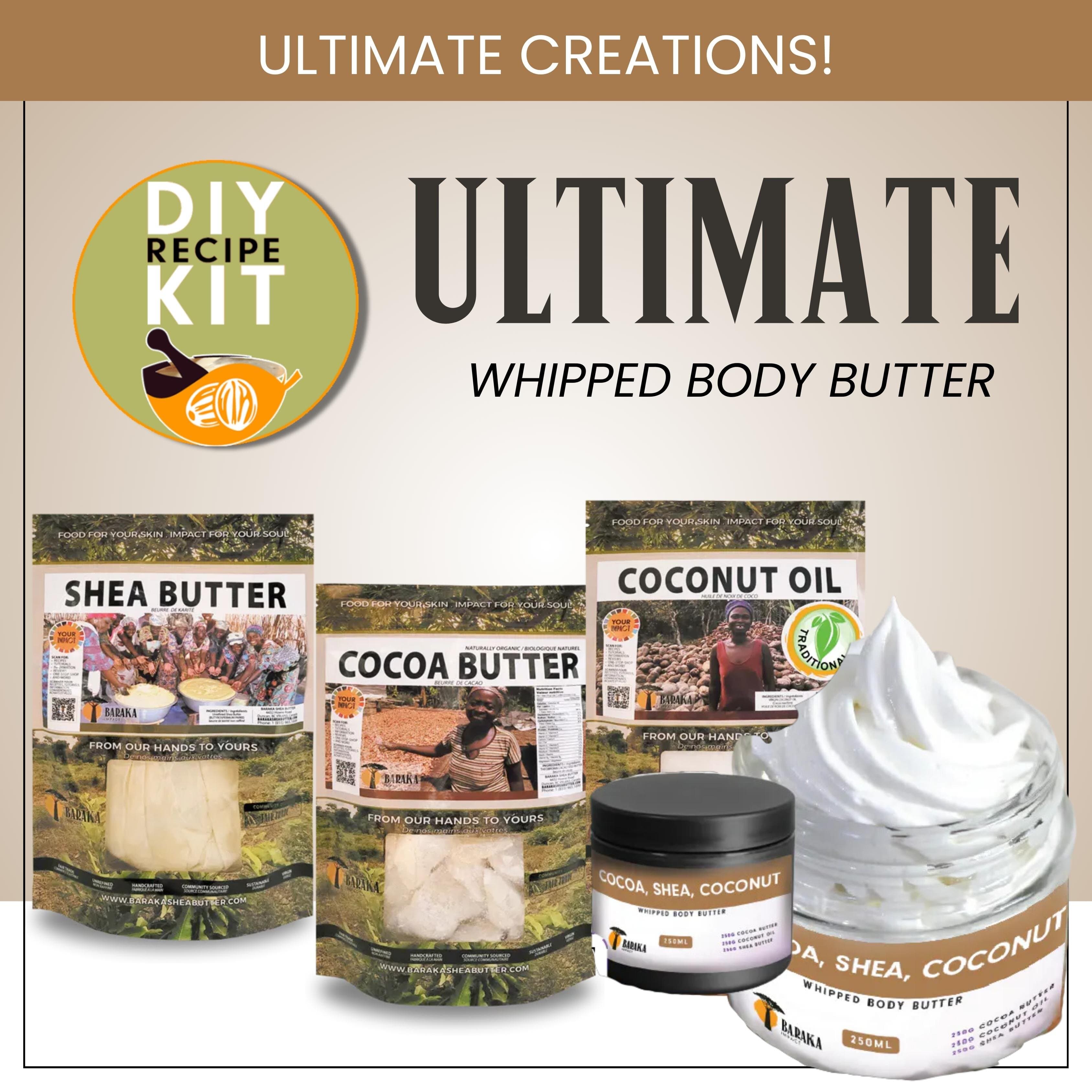 Ultimate Whipped Body Butter Bundle, Personal --- [250 Grams Each of Shea Butter (Cosmetic) - Cocoa Butter with Powder - Coconut Oil (traditional) & 1