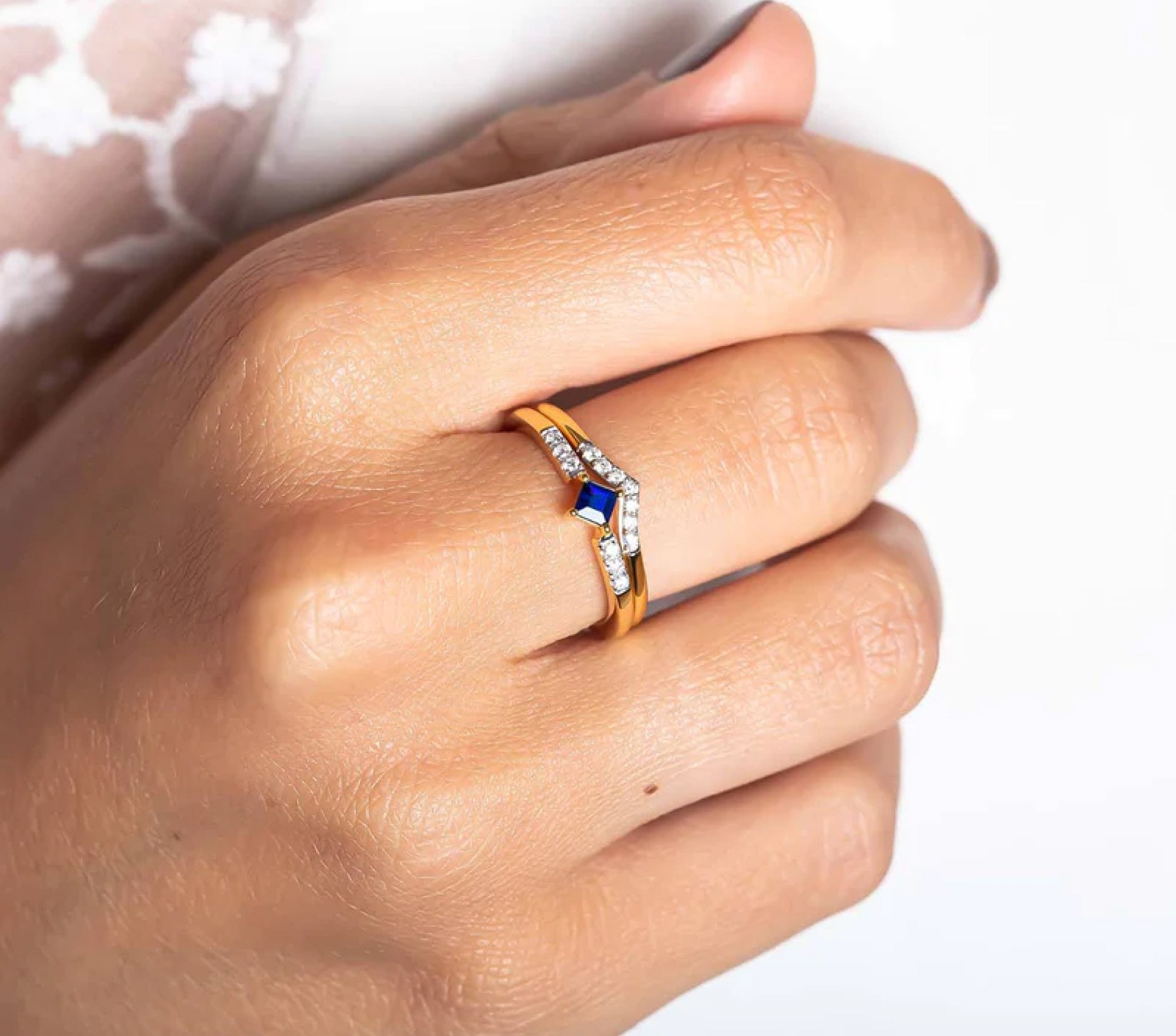 Sapphire diamond engagement ring with matching diamond wedding band