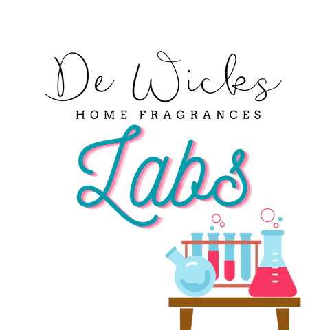 A stylised De Wicks logo with the word labs in a curly pink and blue font. In the bottom right corner is a drawing of a table with a cluster of test tubes and lab equipment.