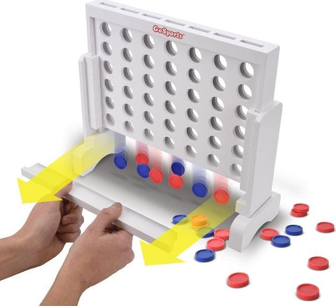 NovoBam a 4 in a row game, also known as Connect Four or Four Up, designed for kids. The board is made of natural wood with colorful markings and has a stand to hold it upright. The game includes 21 red and 21 yellow wooden playing pieces that fit into slots on the board. The game provides a fun and challenging activity for children and helps develop their strategic thinking and problem-solving skills
