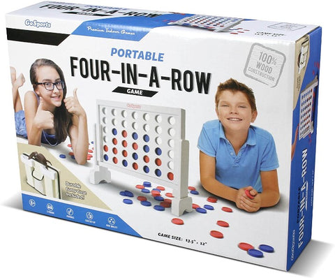 NovoBam a 4 in a row game, also known as Connect Four or Four Up, designed for kids. The board is made of natural wood with colorful markings and has a stand to hold it upright. The game includes 21 red and 21 yellow wooden playing pieces that fit into slots on the board. The game provides a fun and challenging activity for children and helps develop their strategic thinking and problem-solving skills