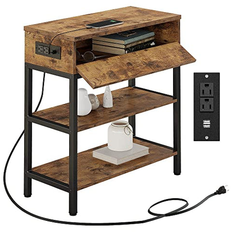 End Table with Charging Station, Small Side Table, Pull-Down Drawer, Industrial Nightstand with Storage for Living Room,Bedroom, USB Ports & Power Outlets, Easy Assembly