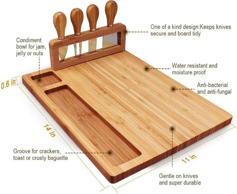 NovoBam Bamboo Cheese Board with Cutlery Set