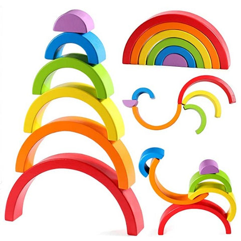 NovoBam set of wooden rainbow-colored stacking and nesting puzzle blocks, suitable for kids of all ages. The blocks vary in size and can be arranged to form different patterns and shapes. The set helps develop children's fine motor skills, spatial awareness, and creativity. The wooden blocks are eco-friendly and durable, making them a long-lasting and sustainable toy option for kids