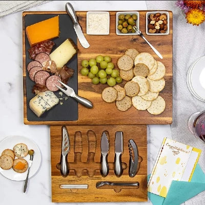 Rectangular Extra Large Acacia Wood Charcuterie Board Serving Tray and Knife Set In a Gift Box.