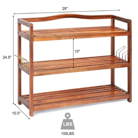 A wooden shoe rack with three tiers designed to store and organize shoes. The rack is made of natural wood and features a slatted design that allows air to circulate and prevent odors. The organizer can hold several pairs of shoes, and its compact size makes it suitable for small spaces. The shoe rack is sturdy and easy to assemble, providing a practical and stylish storage solution for your footwear collection.