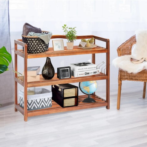 A wooden shoe rack with three tiers designed to store and organize shoes. The rack is made of natural wood and features a slatted design that allows air to circulate and prevent odors. The organizer can hold several pairs of shoes, and its compact size makes it suitable for small spaces. The shoe rack is sturdy and easy to assemble, providing a practical and stylish storage solution for your footwear collection.