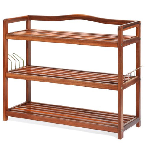 A wooden shoe rack with three tiers designed to store and organize shoes. The rack is made of natural wood and features a slatted design that allows air to circulate and prevent odors. The organizer can hold several pairs of shoes, and its compact size makes it suitable for small spaces. The shoe rack is sturdy and easy to assemble, providing a practical and stylish storage solution for your footwear collection.