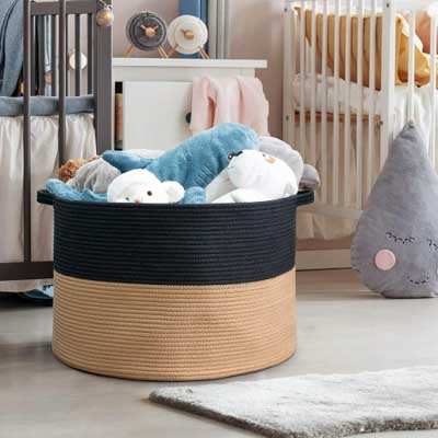 XXXLarge Cotton Rope Laundry Basket Hamper This Extra Extra Extra large cotton storage container can hold toys, games, art/craft supplies, clothes and more. Keep in the kids room, family room, or any room in the house that could use extra storage: fits on a closet shelf, bookshelf or desk. Jute mix hamper