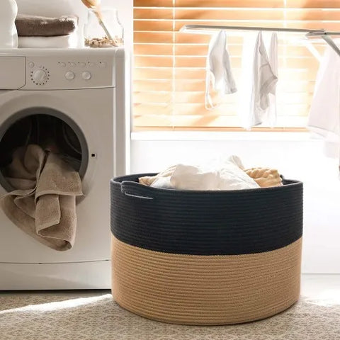 woven cotton rope laundry basket hamper black and camel