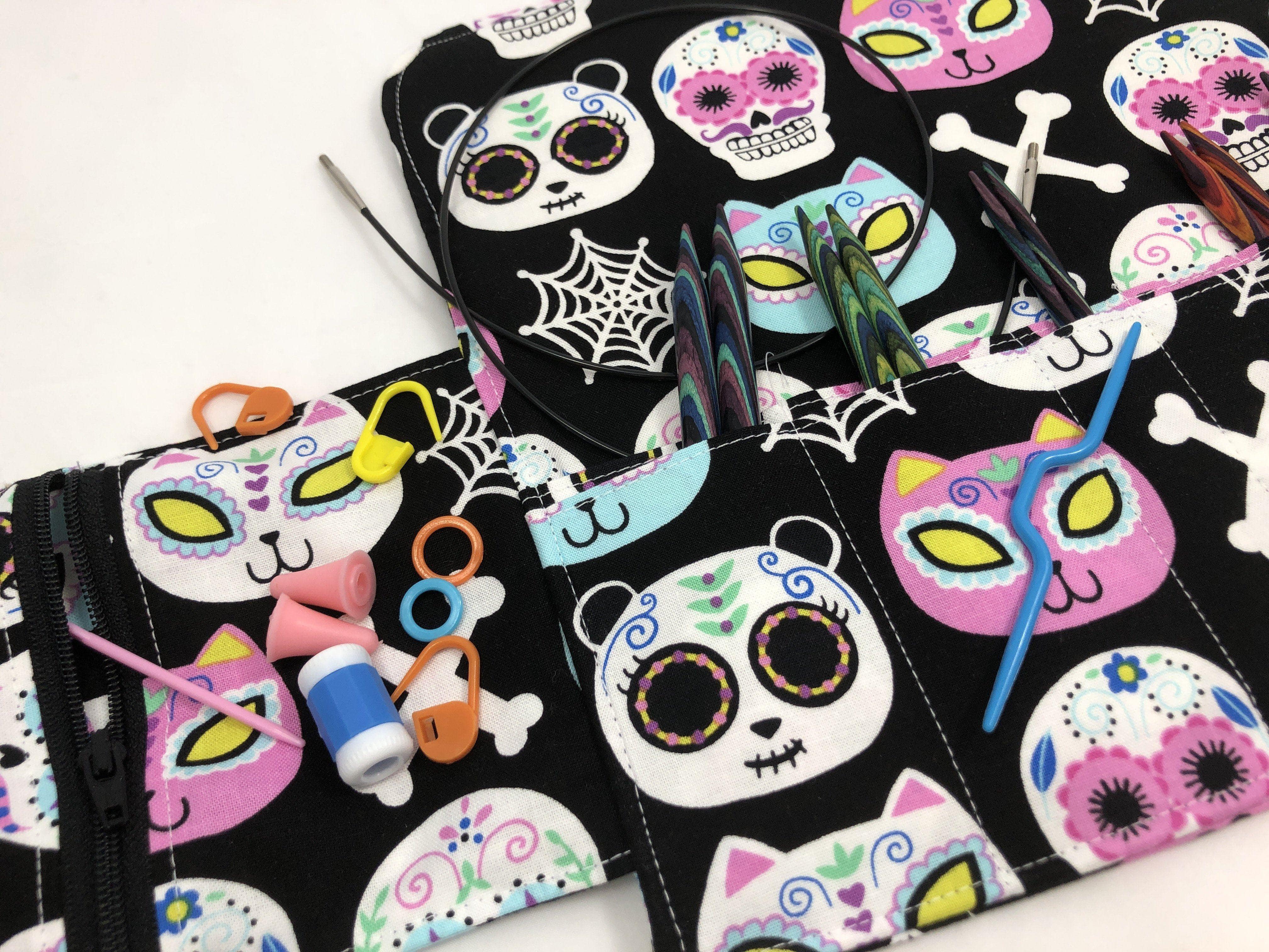 Sugar Skull Interchangeable Knitting Needle Case, Fabric Crochet Hook Roll