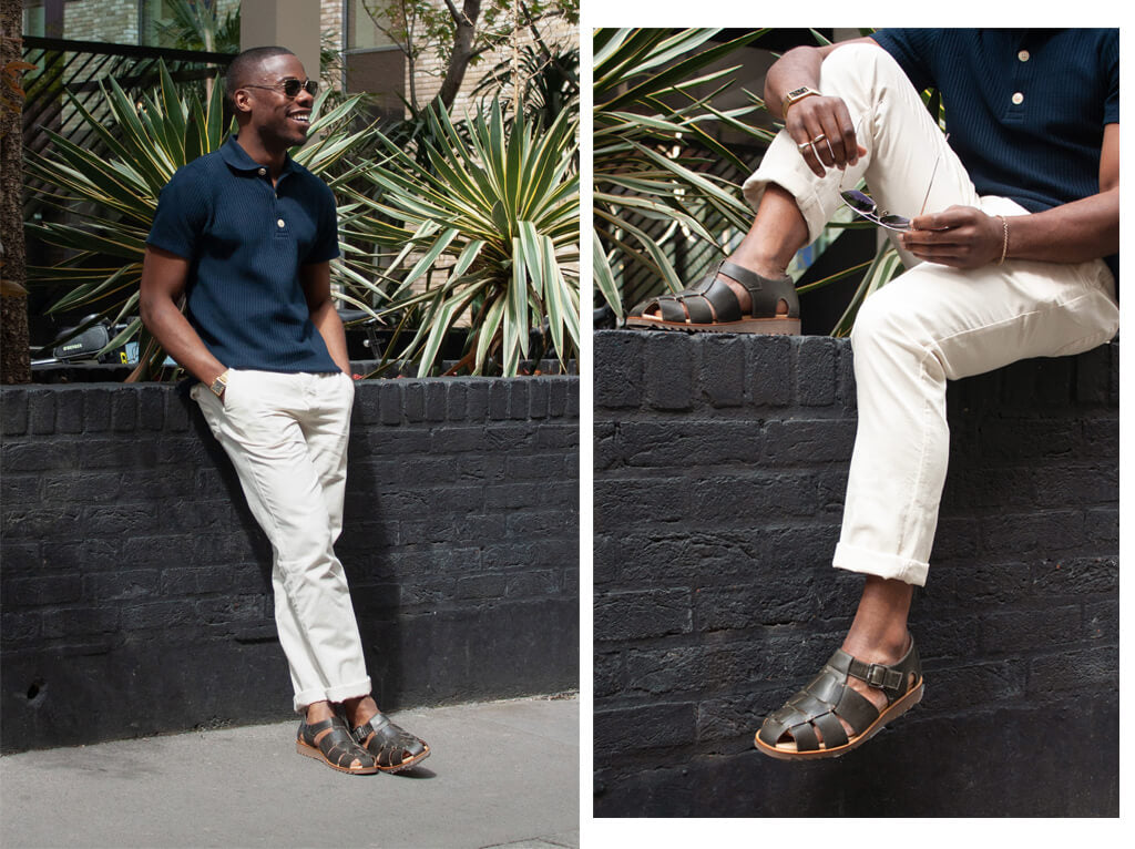DEL WEARING TABLEY POLO SHIRT PAVIS NAVY, DRAWSTRING TROUSERS KILDALE CREAM, PARABOOT PACIFIC OLIVE GREEN LEATHER