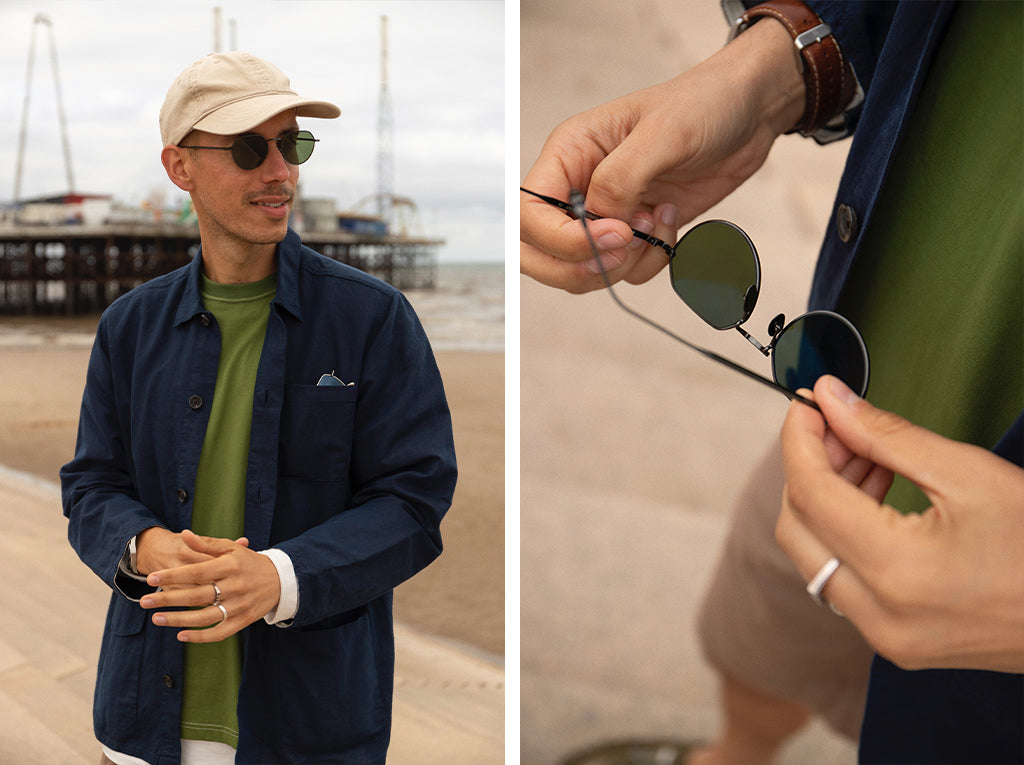 Oliver Spencer in conversation with Matthew Spade in Blackpool wearing his Monc x Oliver Spencer Sunglasses