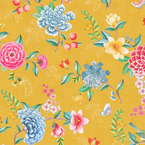 Eijffinger Pip 300104 multicolour Chinoiserie inspired floral wallpaper with a yellow backround
