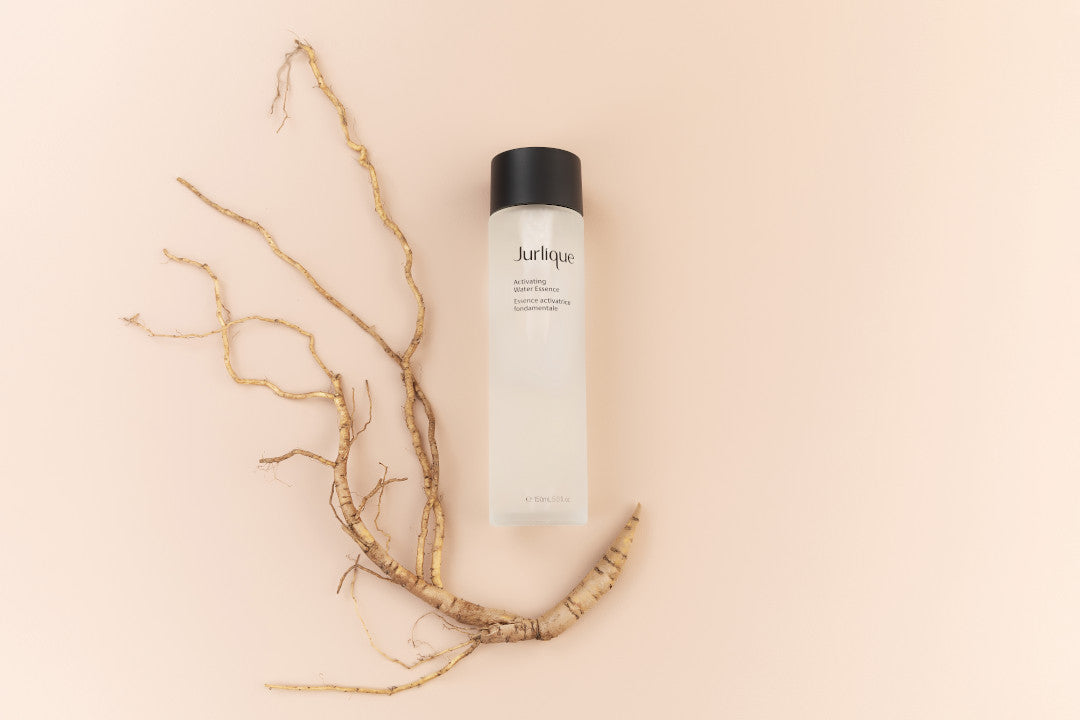 Bottle of Jurlique Activating Water Essence on pale pink background next to Marshmallow Root