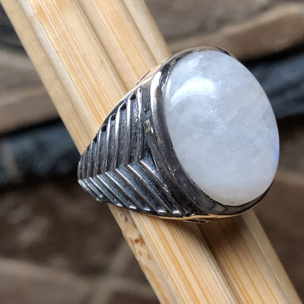 Natural Rainbow Moonstone 925 Sterling Silver Men's Ring Size 8, 9, 10