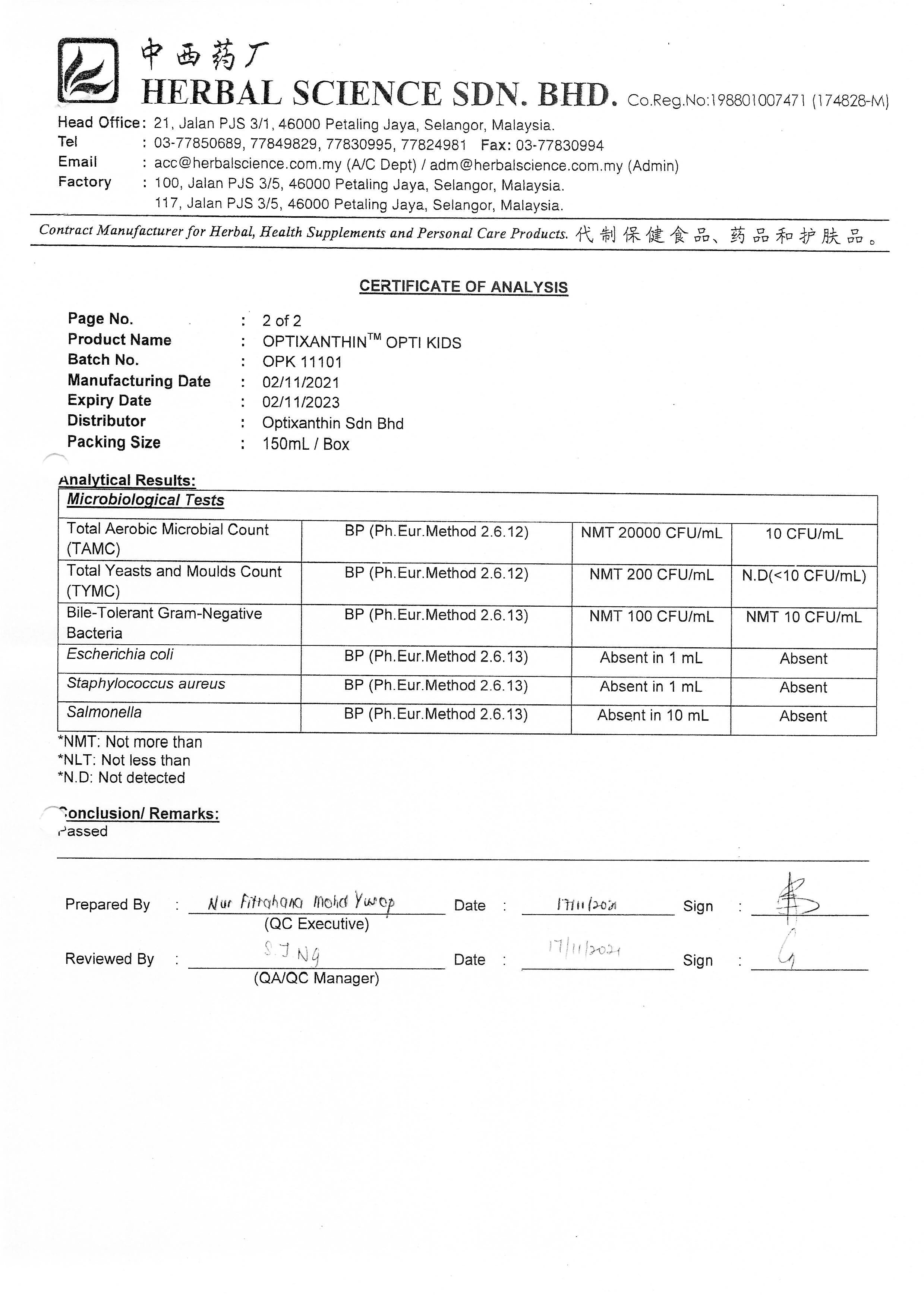 Opti-Kids Certificate of Analysis