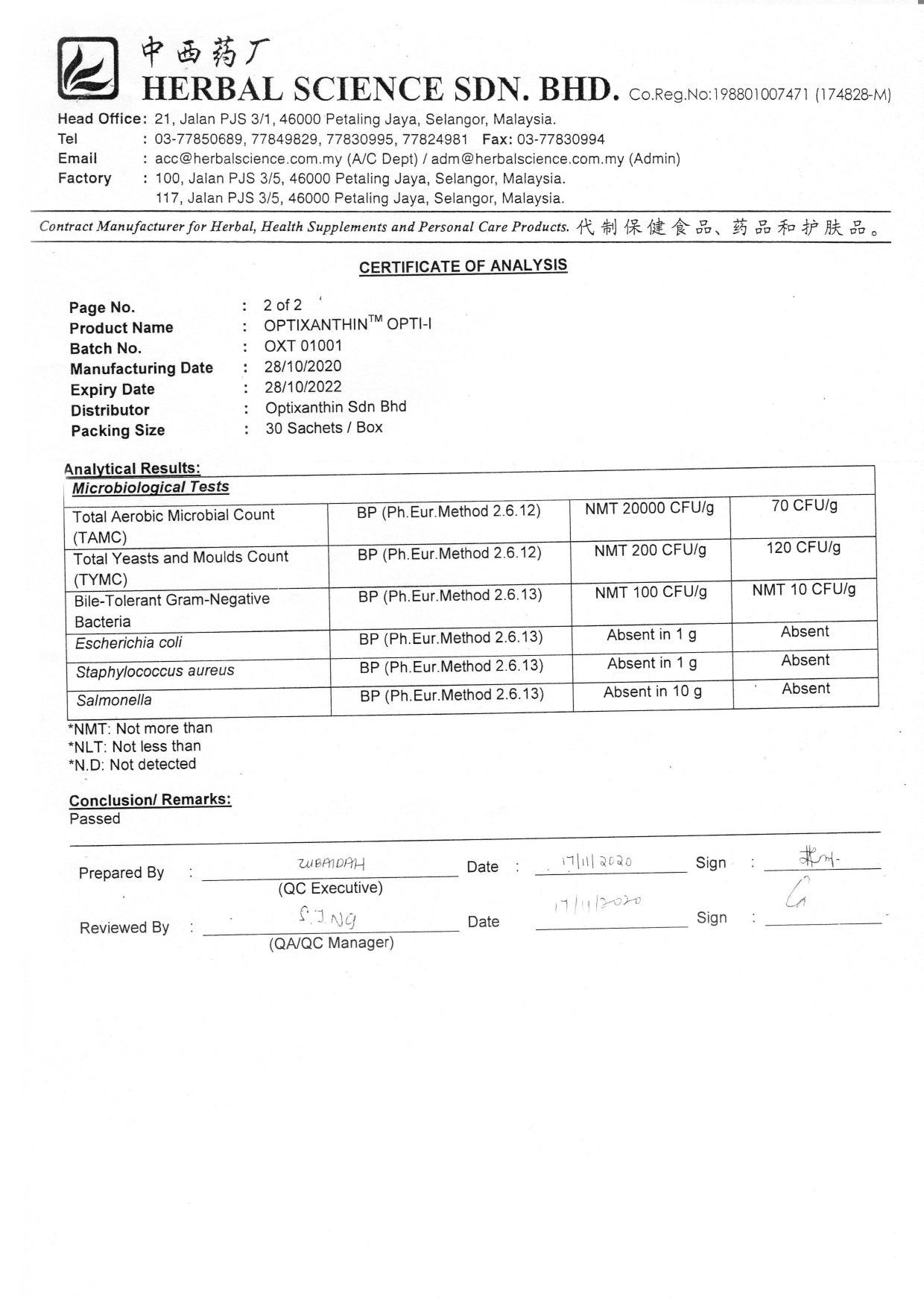 Opti-I Certificate of Analysis page 2