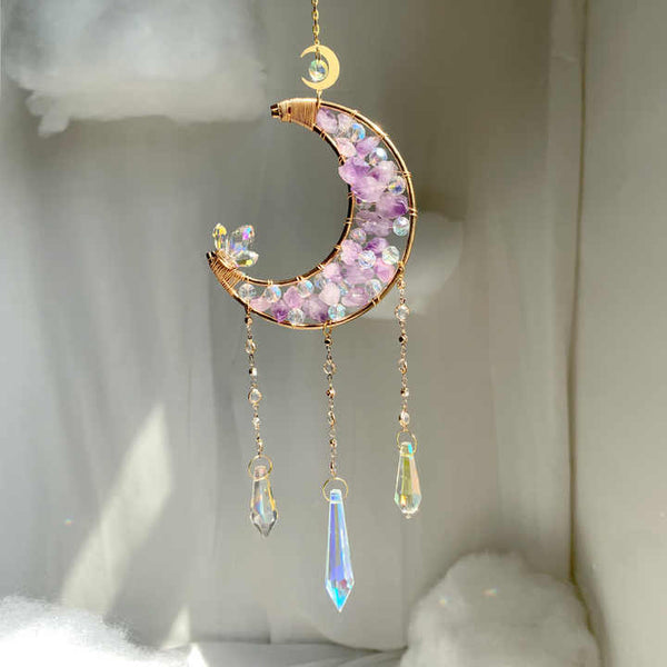 Amethyst Crystals Suncatcher - Hanging Moon Sun Catcher with Glass