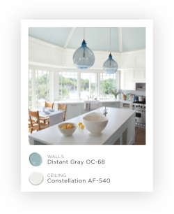 A kitchen with a distant gray wall and constellation ceilings