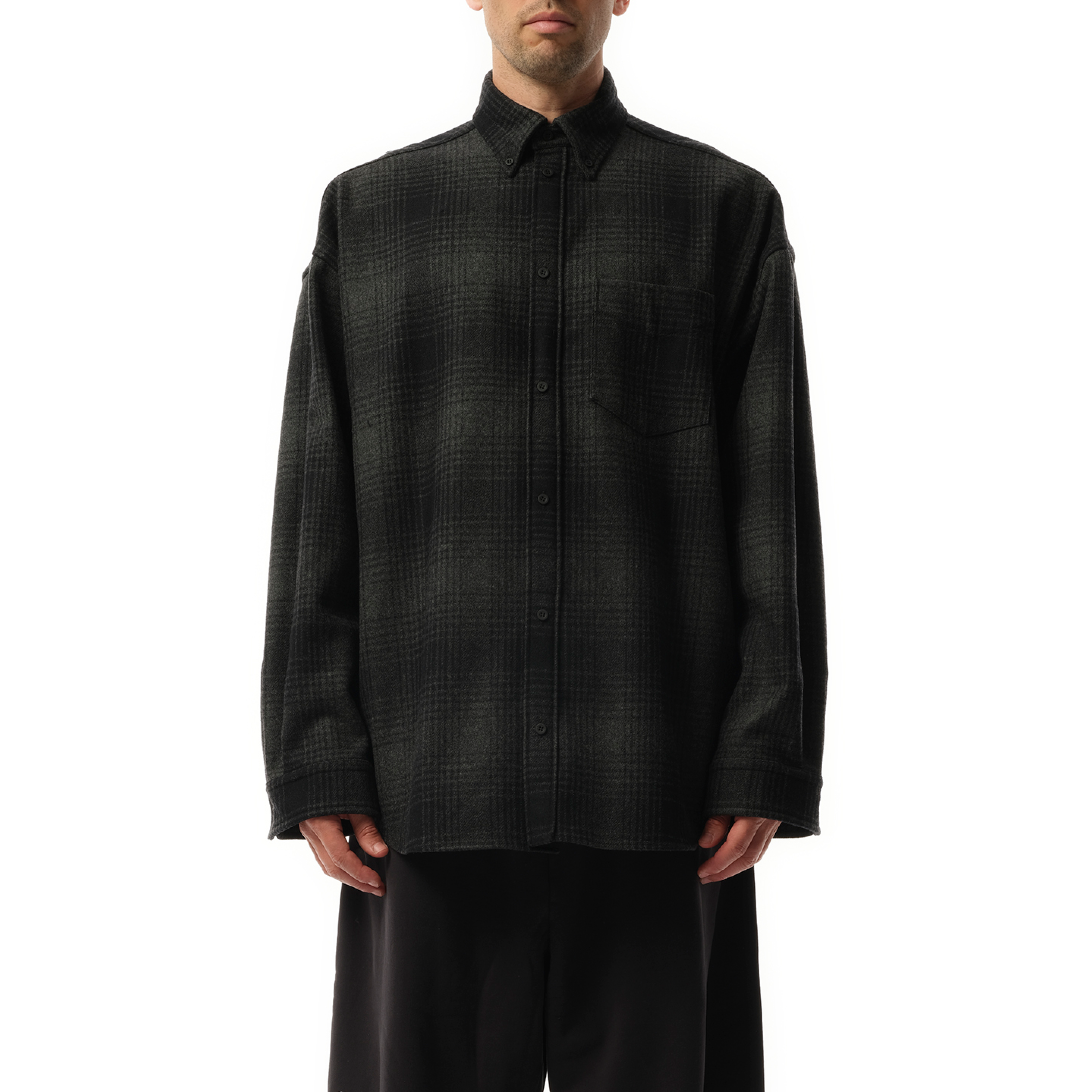 Balenciaga Oversize Plaid Wool Blend Flannel Button-down Shirt In Grey/black