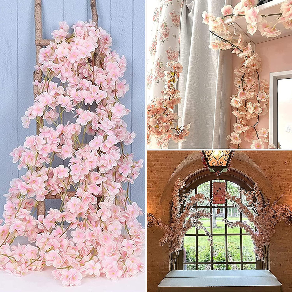 PARTY JOY Artificial Cherry Blossom Flowers Garland Vines Silk Sakura  Flowers Fake Hanging Rattan for Wedding Party Home Decor