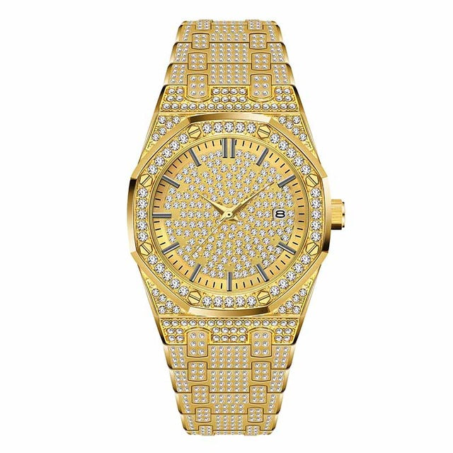 MISSFOX 41MM Men watch Fashion Watch Gold Full Diamond Rolexable 2 Tone Bracelet Male Wrist Watch Qu