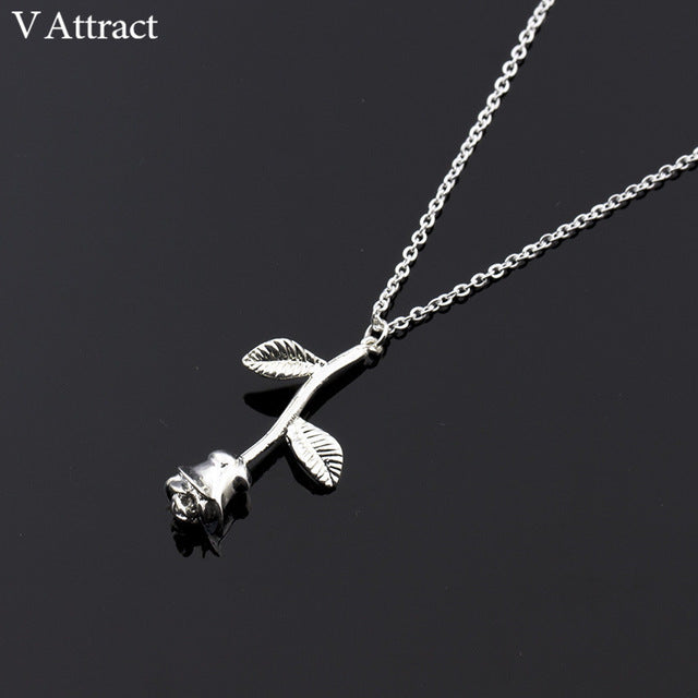 V Attract Silver Collier Femme Stainless Steel Long Chain Collier Pink Rose Flower Statement Necklac