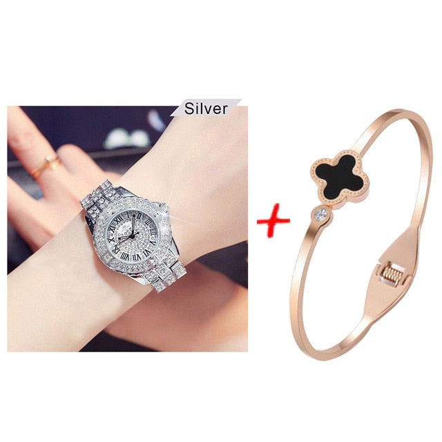 New Luxury Rhinestone Bracelet Watch Women Diamond Fashion Ladies Rose Gold Dress Watch Stainless St