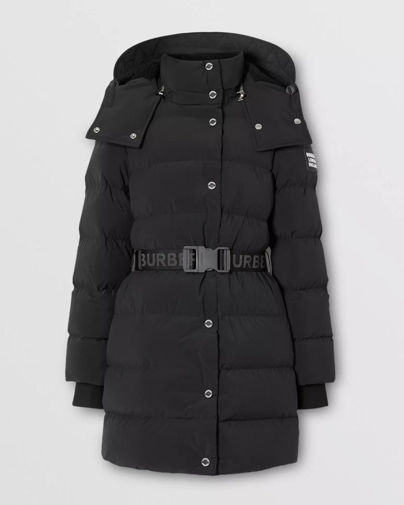 detachable hood belted puffer coat