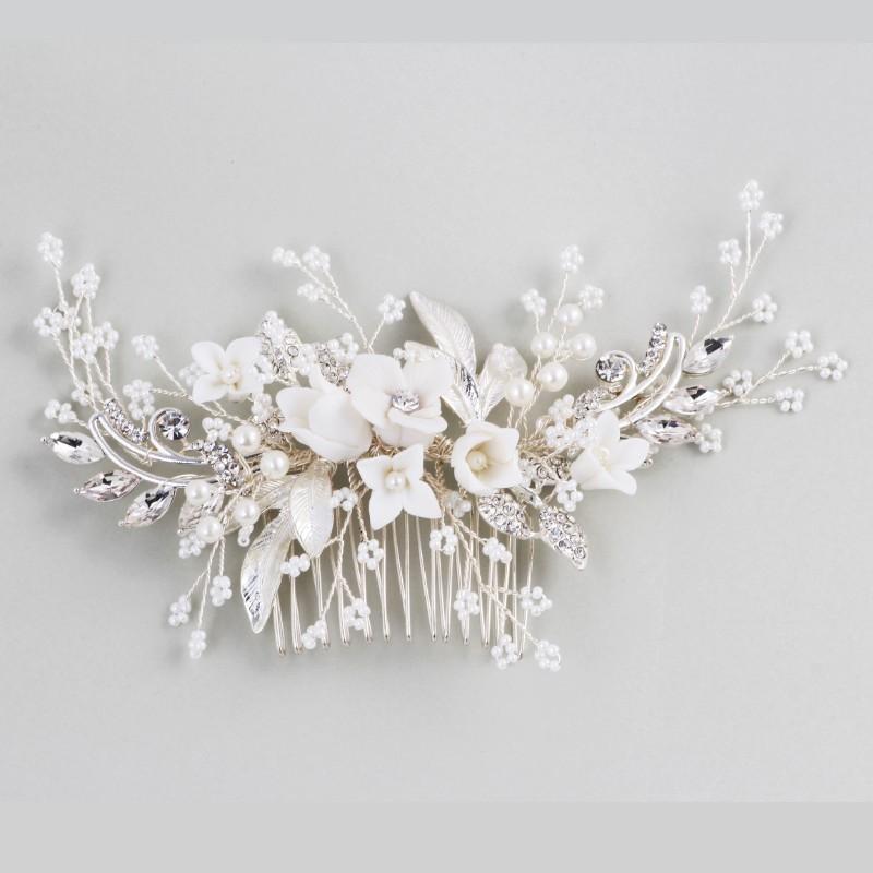 Abyjewelry Floral Silver Hair Comb Piece Pearls Headpiece