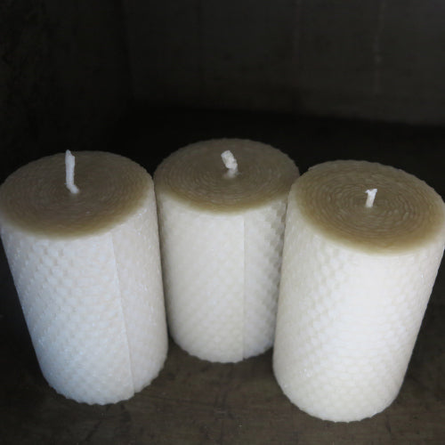 slightly flawed hand-rolled beeswax pillar candles