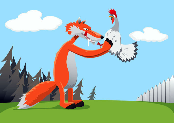 Cartoon of fox about to eat chicken
