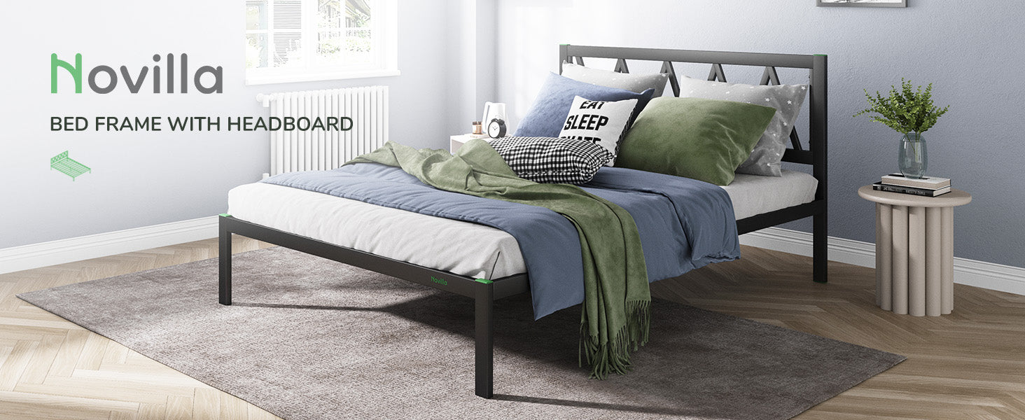 black concise metal bed frame with headboard