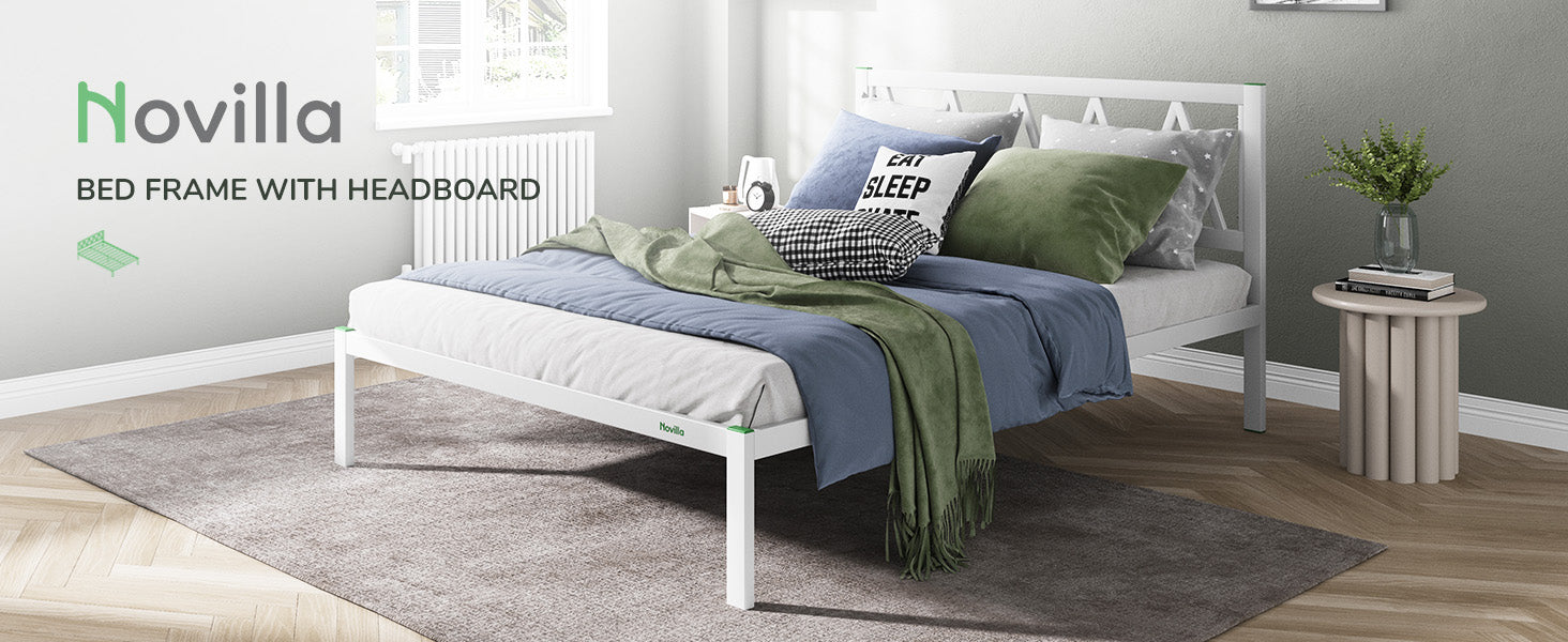white concise metal bed frame with headboard