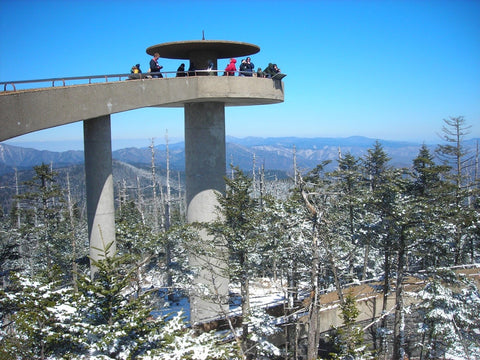 Visitors viewing scenery from Clingmans Dome Summit Lookout structure